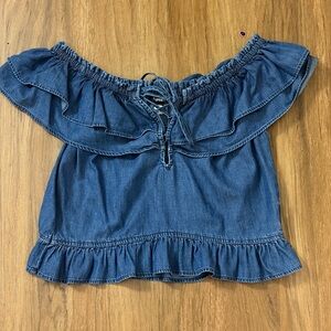 Express Blue Off-Shoulder Ruffle Blouse